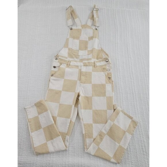 Forever 21 Men/Unisex Bib Overalls Size M (36x30) Beige White Color Block EUC - Picture 1 of 16